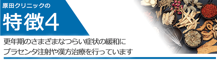 更年期のさまざまなつらい症状の緩和にプラセンタ注射や漢方治療を行っています